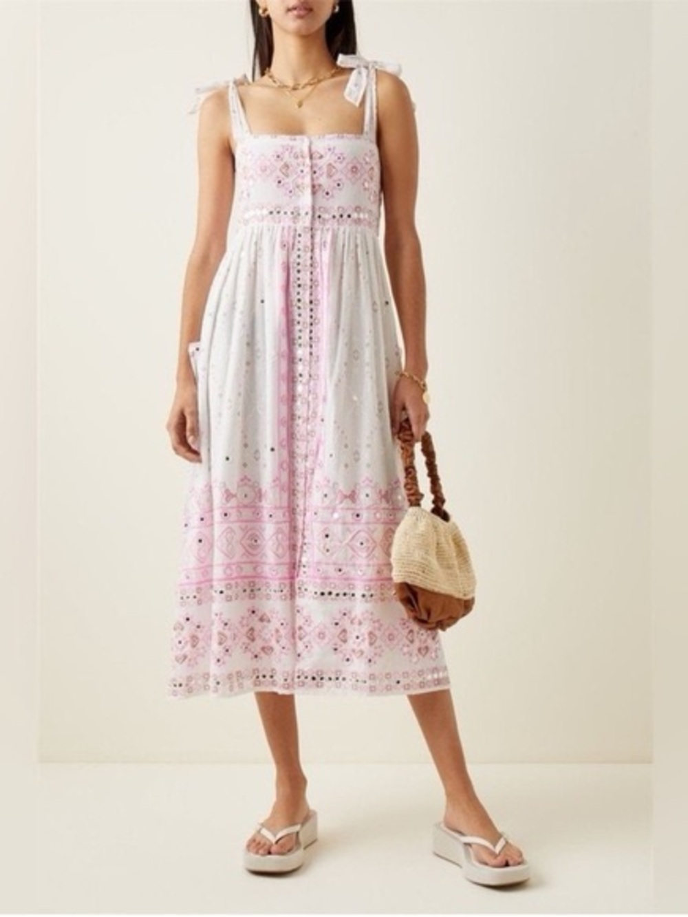 Juliet Dunn Cream Maxi Dress with Pink Embroidery
